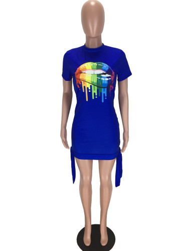 Digital Printed Colorful Cotton Lips Short Sleeve Club Dress