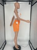 Casual Orange Printed Letter Vest Crop Top Tracksuit Short Set with Pocket