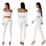 Women Fashion Thread Off Shoulder Crop Top 2 Piece Set Casual Bodycon Casual Outfit Sportswear