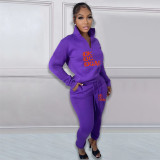 Autumn/Winter Fleece Printed Letter Pullover Zipper High Neck Casual Sports Two Pieces
