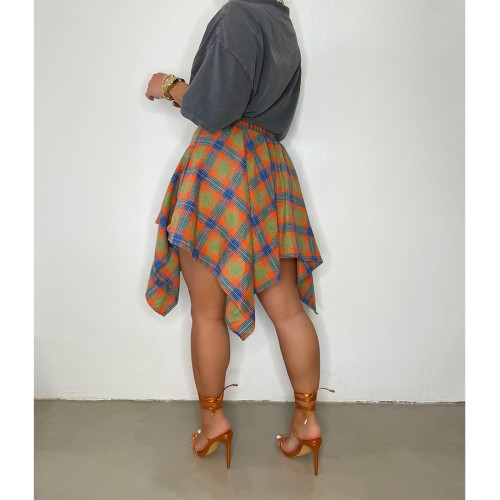 Summer Printed Preppy Style High Waist Plaid Belted Midi Asymmetrical Skirts