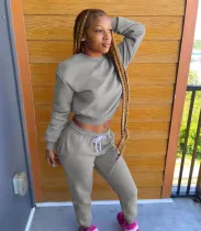Autumn Winter Grey Hot Drilling Solid Casual Sportswear Set