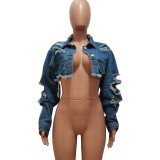 Casual Irregular Denim Ripped Long Sleeve Jacket