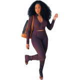 Solid Color Coffee Long Sleeve Sets Stacked Sweat Suits Women Pleated 2 Piece Set Clothing