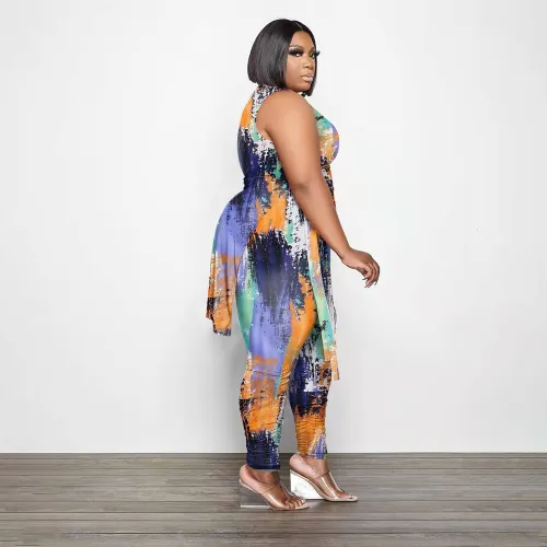 5XL Print 2 Piece Set O Neck Sleeveless Long Length Top w/ Pants Plus Size Women