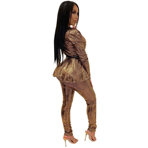 Casual Hot Stamping Two Piece Suit with Belt