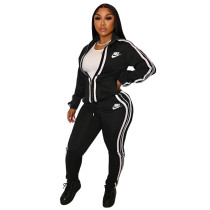 Fashion Casual Black Lapel Printed Letter Two Piece Outfits with Zip Up