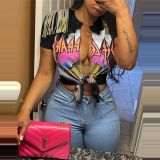 Casual Fashion Print Tassel Slit Short Sleeve Shirt Top