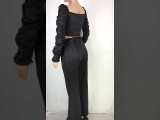Solid Color Pleated Top Trousers Two Piece Women Clothing with Pockets