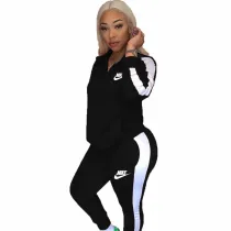 Ladies Casual Grey High Neck Embroidered Letter Colorblock Pants Set
