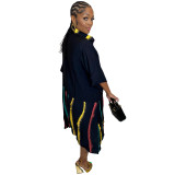 Woven Irregular Print Patchwork Mid Sleeve Shirt Dress with Pockets