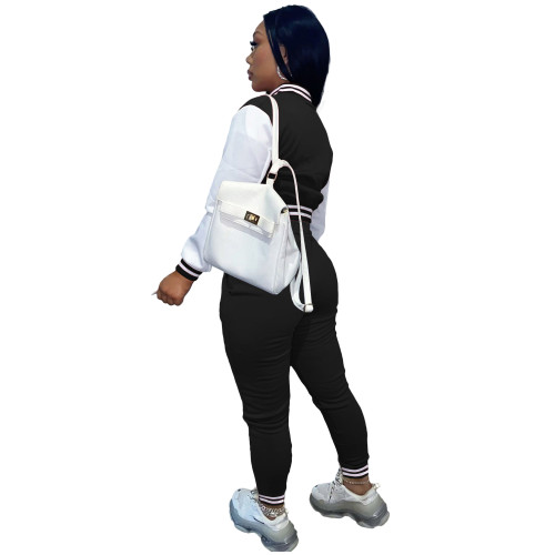 Women's Black Color-blocking Jacket Suit Single-breasted Stitching Baseball Two Piece Uniform
