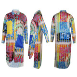 Woven Shirt Dress Printed Bat Sleeve Stitching Irregular Nightclub Mid Dress