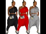 Solid Color Gathered Sloping Top Harem Pants Set with 2 Pockets
