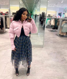 Fashion Women's Stitching Ribbed Casual Stand Collar Crop Padded Jacket
