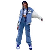 Casual Boyfriend Distressed Printed Denim Baseball Jacket