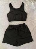 Solid Color Black Ladies Vest Shorts Two Piece Set with Pockets