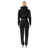 Black Velvet Thicken Sports Hoodie Jogging Pants Two Piece Winter Set For Women