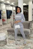 New Sports Offset Printed Letter Bodycon Bodysuit Top Trouses Two Piece Set