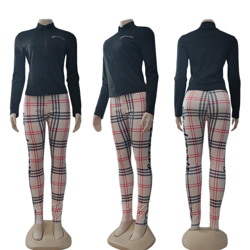 Casual Plaid Temperament Turtleneck Zipper Women Printed Two Piece Pant Set