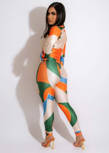 Casual Printed Turndown Neck Long Sleeve Shirt Trousers Homewear Casual Set