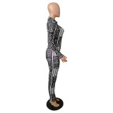 Casual Zipper Printed Jumpsuit