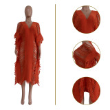 Solid Color Manual Knitted Sheer Fringed Dress