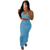 Solid Color Halter Pleated Long Dress
