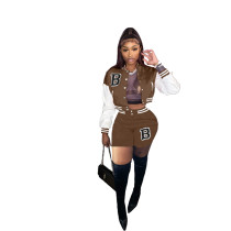 Coffee/White Air Layer Letter Print Women Fall Two Piece Set Sweatshirt Crop Jacket Top Shorts Sports Baseball Uniform