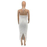 Solid Color Halter Pleated Long Dress