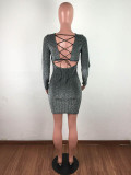 Solid Color V-neck Backless Bandage Mini Dress