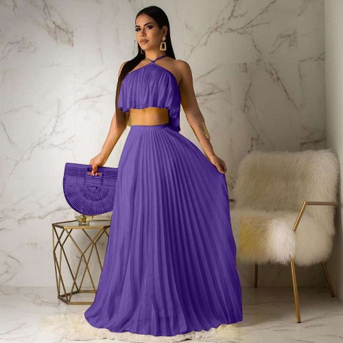Casual Purple Pleated Straps Crop Top and Skirts Set