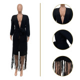Tassel Trim Open Front Chunky Knit Longline Cardigan