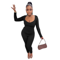 Solid Color Black V Neck Casual Two Piece Outfits