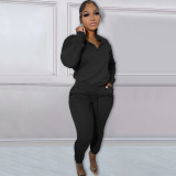 Casual High Neck Long Sleeve Zippered Solid Color Sweatshirt 2 Pieces with Pockets