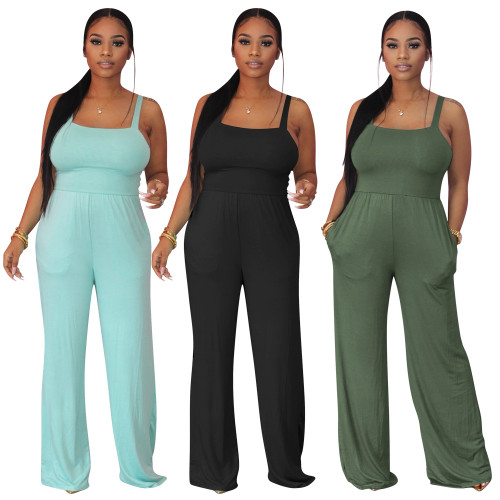 Women Solid Sling Pocket Straight Leg Jumpsuit