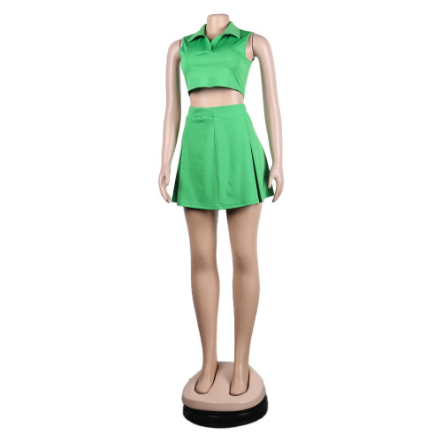 Sexy Lapel Sleeveless Crop Top Skirt Two Piece Set