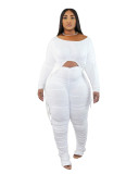 Ladies White Stacked Two Piece Set Drawstring Crop Top and Pleated Trousers