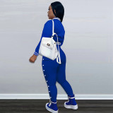 Women Workout 2 Piece Outfits Button Down Color Block Patchwork Jackets Bodycon Long Pants Tracksuit
