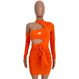 Sexy Hollow Halter Neck Ruffle Offset Printed Bodycon Dress