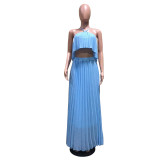Casual Sky Blue Pleated Straps Crop Top and Skirts Set
