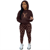 Women Two Piece Casual Twill Sweatshirt Printed Hooded Set
