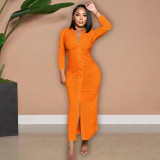 Solid Color V Neck Ruched Maxi Dress