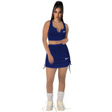 High Elastic Cotton Pit V Neck Low-cut Drawstring Embroidery Skirt Set