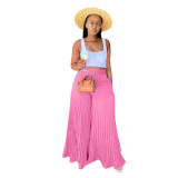 Pink Casual Solid Pleated Mid Waist Wide Leg Pants