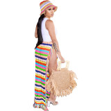 Sexy Color Block Fringe Hem Crochet Cover Up Skirt