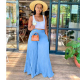 Sky Blue Casual Solid Pleated Mid Waist Wide Leg Pants