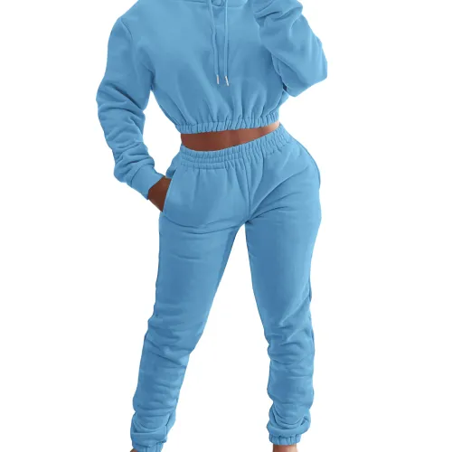 Light Blue Velvet Thicken Sports Hoodie Jogging Pants Two Piece Winter Set For Women