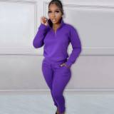 Casual High Neck Long Sleeve Zippered Solid Color Sweatshirt 2 Pieces with Pockets