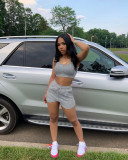 Solid Color Grey Ladies Vest Shorts Two Piece Set with Pockets